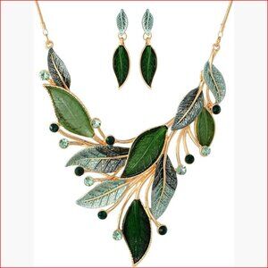 Chunky Statement Jewelry Set Bib Necklace Earrings Retro Leaf Floral